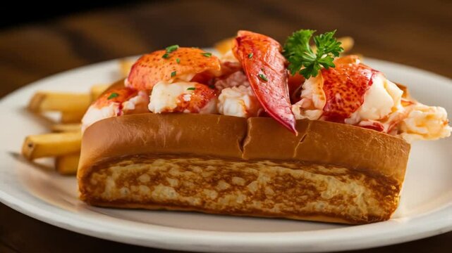 Close up view of lobster roll sandwich with french fries restaurant food photography appealing food display freshly prepared dish