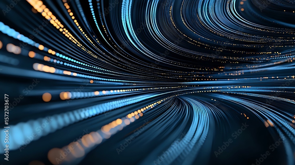 Poster glowing blue and orange light trails create dynamic tunnel effect with bokeh particles, abstract tec