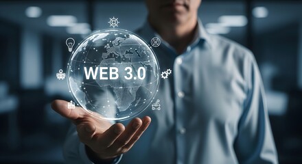 A visual of Web 3 point zero concept showcasing globalization, new technologies, and business opportunities within the evolving digital landscape.