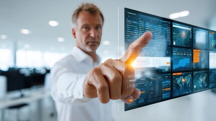 Digital Insight: A focused individual engages with a digital display, immersed in a world of technological data and information, showcasing the advanced capabilities of interactive interface