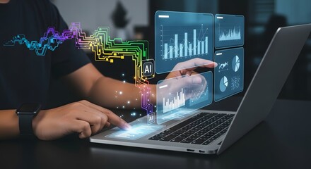 Person interacting with data analytics visuals via a laptop showcasing artificial intelligence and insightful information with interactive graph interfaces.