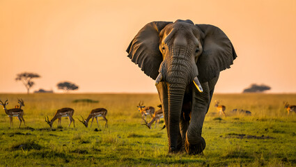 Majestic african elephant walks forward in golden sunset light with impalas grazing