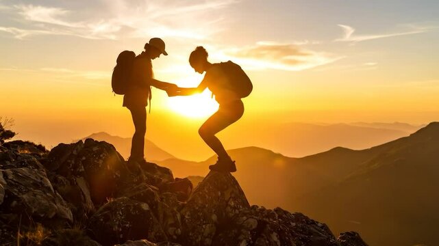 Two hikers, silhouettes against a golden sunset, helping each other up a rocky mountain peak