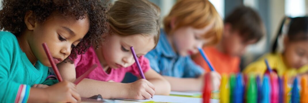 Multicultural Art: Children in Art Class Drawing Together with Wax Crayons
