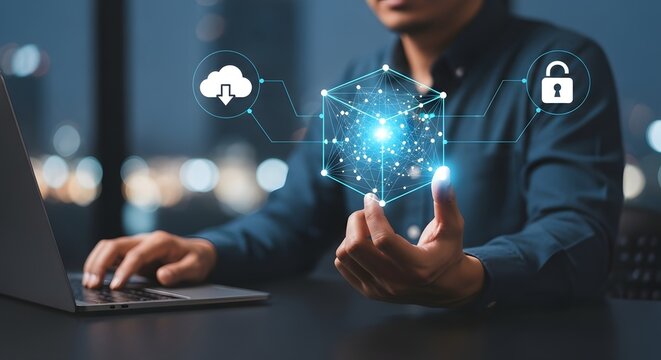 Secure data transformation is seen with a digital cube cloud security and encryption lock while a man uses a laptop and works in the office.