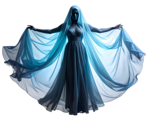 Ethereal Dark Ghost with Flowing Veil and Haunting Presence Isolated on Transparent Background PNG