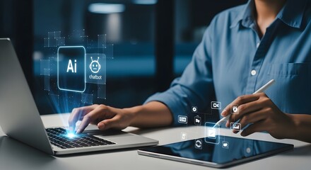Person using a laptop and tablet with AI technology, showcasing digital transformation, innovation, and the future of technology.