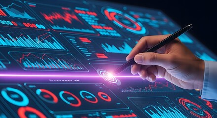Exploring futuristic data analytics with a digital pen highlighting graphs and charts on an interactive screen, symbolizing innovation and technology.