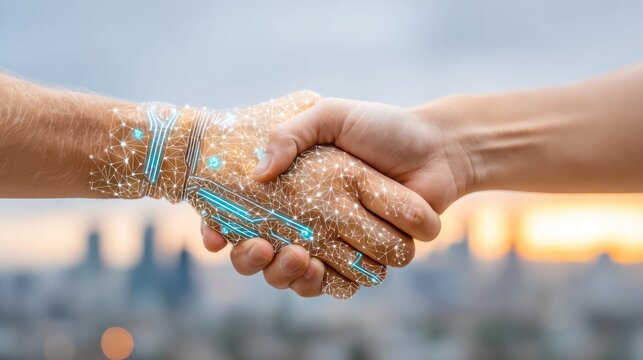 Technological Agreement: A symbolic handshake between a human and a technological representation, representing collaboration and the fusion of innovation and connection.