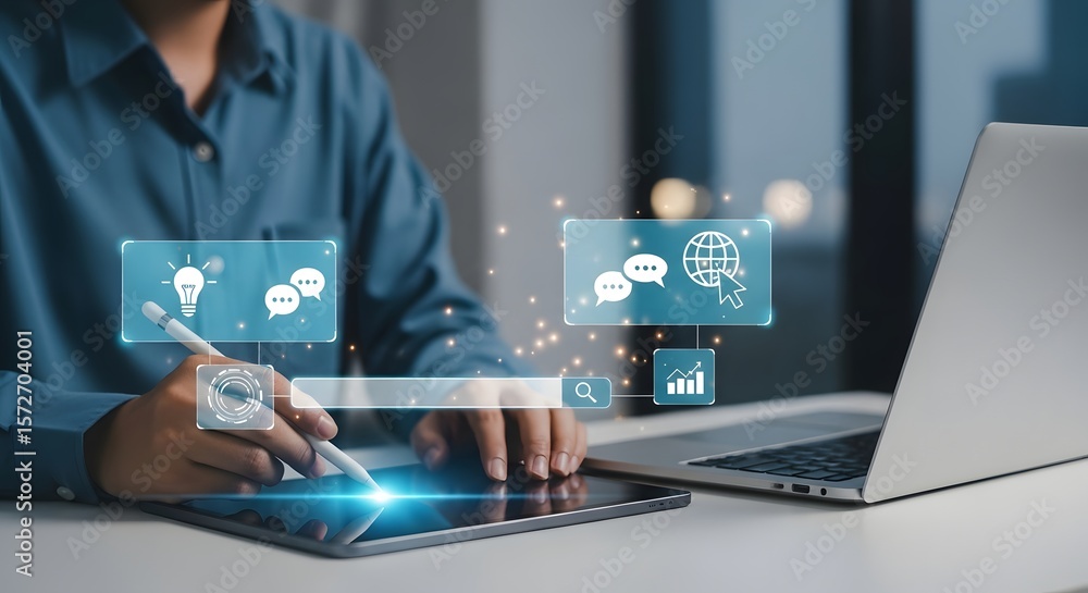 Poster person uses tablet for web design and data analysis to boost business, focusing on seo and digital s