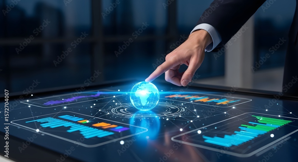 Poster a businessman interacts with a futuristic touch table showing digital financial data and a glowing g
