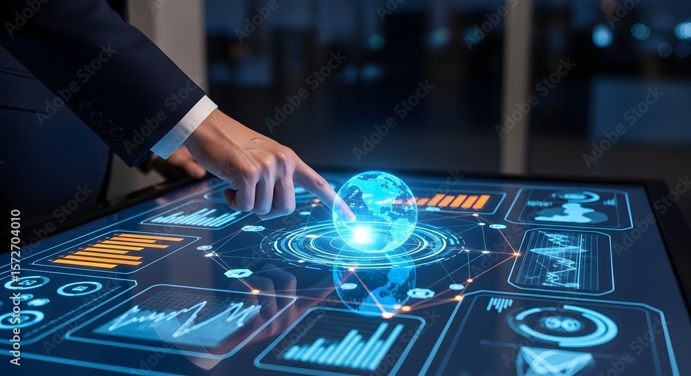 Poster a businessman interacts with futuristic, illuminated touch screen interfaces, displaying global data