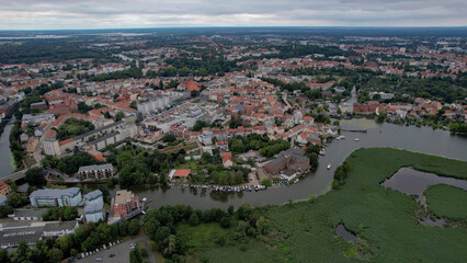 Aerial view around the old town in the city Neustadt, 14776 Brandenburg on an sunny spring day