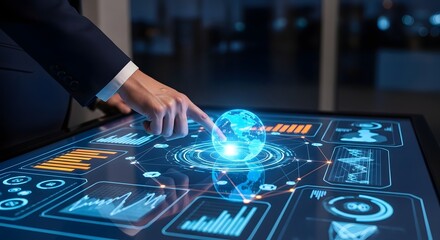 A businessman interacts with futuristic, illuminated touch screen interfaces, displaying global data and interactive infographics for business applications.