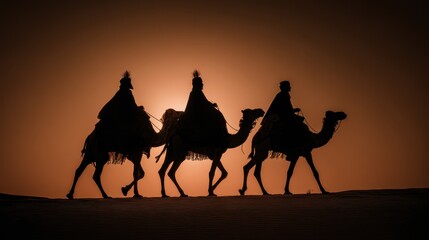 Nativity Wise Men. Dusk Backlit Image of Three Wise Men and Camel Traveling to Bethlehem Concept
