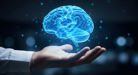 Shining brain presented in hand represents cognitive function, neuroscience, and creative intelligence displayed in a modern tech backdrop.