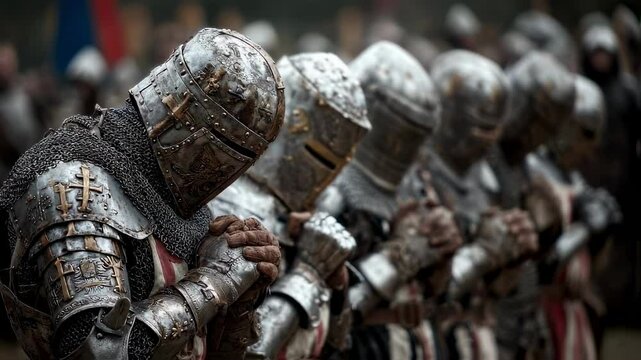 Group of medieval knights wearing metal helmets and chainmail are praying with their hands clasped together before engaging in battle, showcasing their faith and readiness for combat