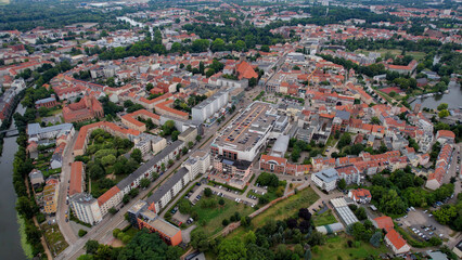 Aerial view around the old town in the city Neustadt, 14776 Brandenburg on an sunny spring day