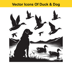 Dog and Duck Vector Illustration Bundle – Hunting, Wildlife, and Animal Interaction Poses