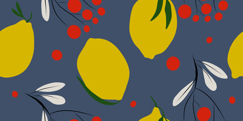 Lemon and Berry Illustration on Dark Blue Pattern