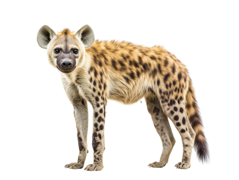 Spotted Hyena, standing pose, isolated on transparent PNG, wildlife photography.
