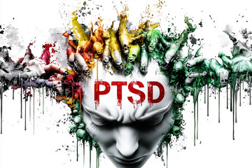 A conceptual illustration of PTSD (Post-Traumatic Stress Disorder), showing a person's head exploding with traumatic thoughts and memories.