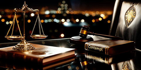A dramatic still life of legal symbols, including a gavel, scales of justice, and a law book titled Contempt, on a desk in a judge's chambers.