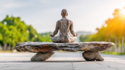 Zen Reflection: A serene statue of a person in a meditative pose, seated gracefully on a stone bench, embodying tranquility in a peaceful park setting.