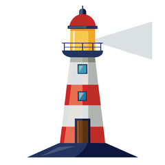 A lighthouse with a beam of light, on a plain white surface, for guidance, safety, coast, or navigation.