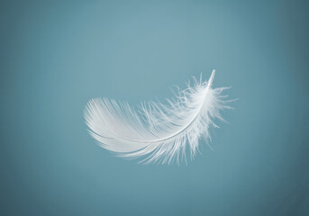 Delicate White Feather Floating in Mid-Air Against Soft Pastel Blue Gradient Background Symbolizing Lightness and Tranquility