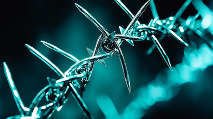 A macro shot of sharp barbed wire with a dramatic teal color cast, symbolizing a boundary or conflict.