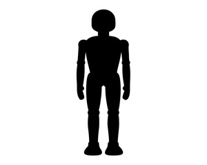 Abstract black silhouette of a mannequin or robot standing upright on white