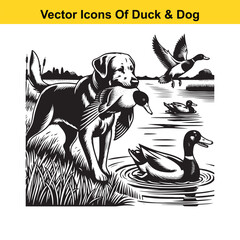 Dog and Duck Vector Illustration Bundle – Hunting, Wildlife, and Animal Interaction Poses