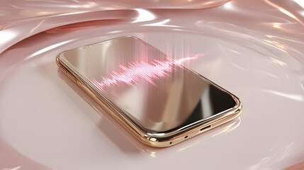Rose Gold Smartphone with Audio Wave: A sleek rose gold smartphone rests on a soft pink fabric backdrop, its screen displaying a vibrant pink audio waveform, suggesting music, communication.