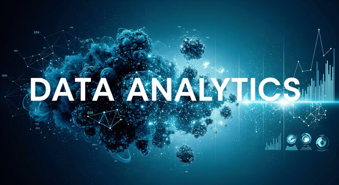 The concept of Data Analytics visualized with abstract 3D molecular structures and a glowing digital network.