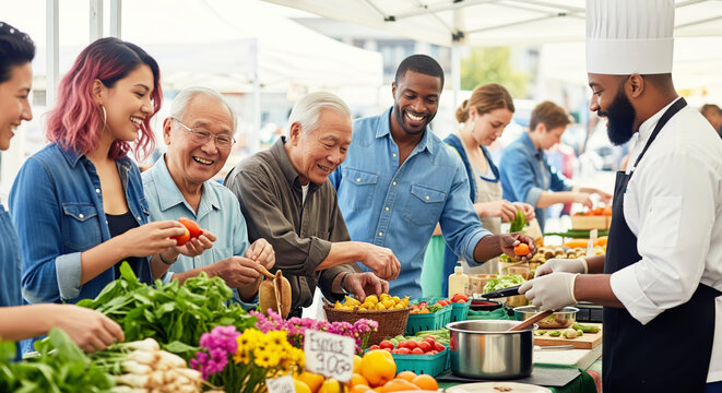 A happy diverse group of shoppers interacts with a chef at a bustling outdoor farmers' market.