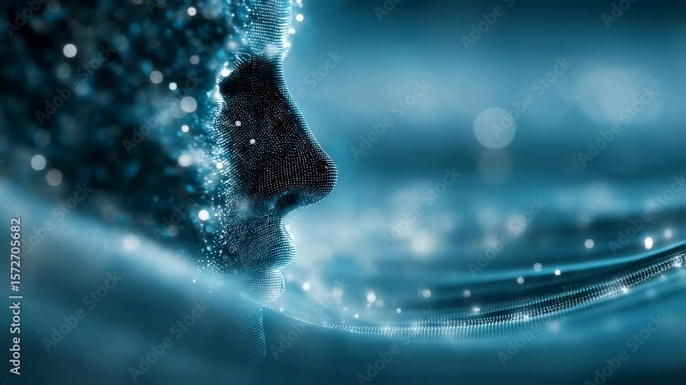 Poster a conceptual image of an enigmatic ai face rising from a sea of flowing data points set against a dr