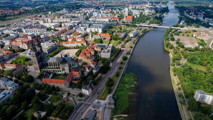 Aerial panorama view around the old town in the city Magdeburg on an sunny spring day in Germany	