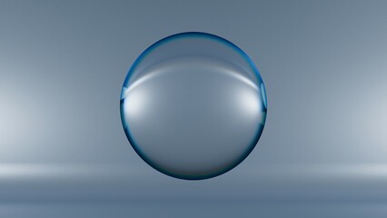 Minimal 3D render of a floating translucent glass sphere on a soft blue gradient background. Ideal for product display, modern design, branding, and tech presentations