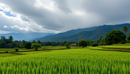 Fototapeta premium a serene rural landscape with vast fields of rice, framed by rolling hills under a partly cloudy sky