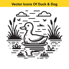 Dog and Duck Vector Illustration Bundle – Hunting, Wildlife, and Animal Interaction Poses