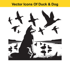 Dog and Duck Vector Illustration Bundle – Hunting, Wildlife, and Animal Interaction Poses