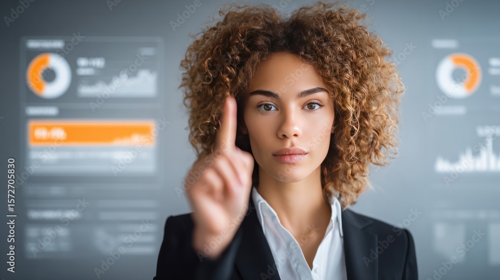 Poster tech-savvy woman at futuristic interface: a modern professional engages with a futuristic touchscree