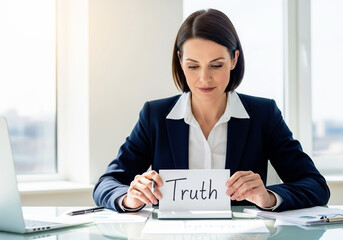A serious businesswoman in a modern office holds up a sign with the handwritten word Truth, symbolizing ethics and integrity.