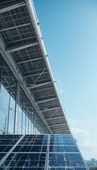 Fototapeta premium Solar panel array on futuristic station roof under clear sky with reflections on glass and metal Generative AI