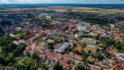 Aerial panorama view around the old town in the city Wolmirstedt on an sunny spring day in Germany	
