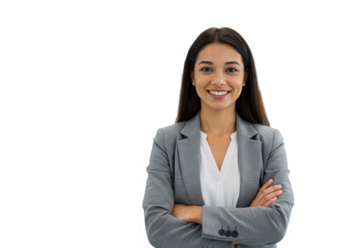 Smiling businesswoman in a gray suit with arms crossed looks directly at the camera isolated on transparent background