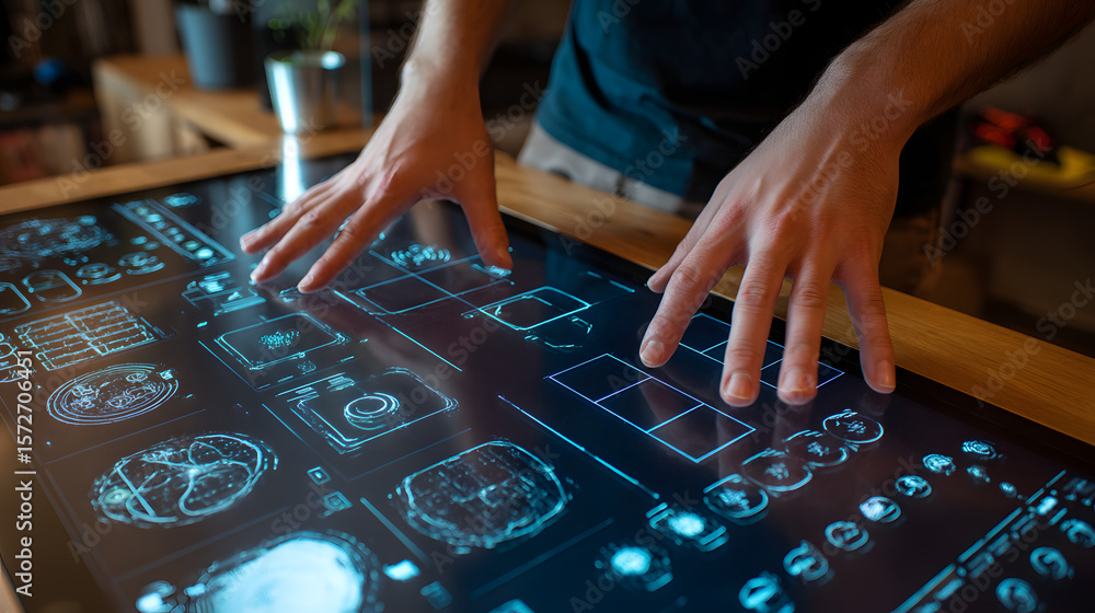 Poster interactive interface: hands interact with a high-tech touchscreen, highlighting intricate designs. 