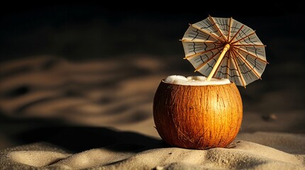 Tropical cocktail in coconut with paper umbrella on the beach sand at night, copy space on the left side