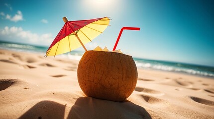 Drink served in coconut with colorful umbrella on beach sand during sunset, low-angle shot